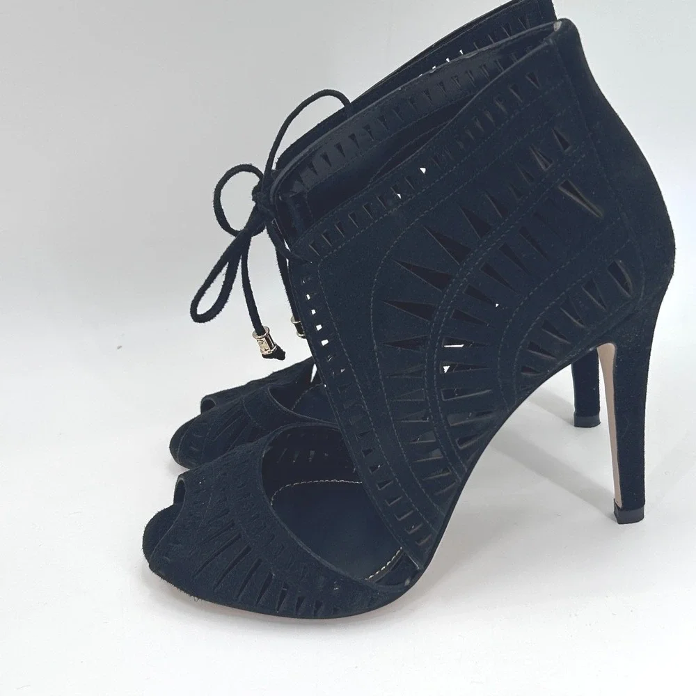 Ivanka Trump Delfino Suede High Heel Sandal Size 7.5 Black Peep Toe Laser Cut